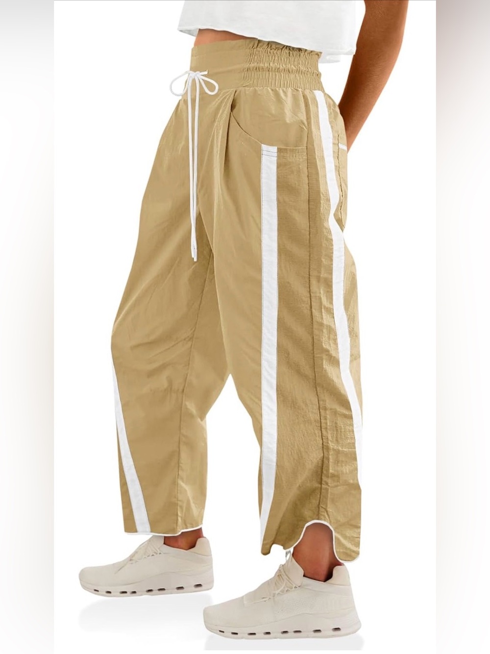 Fisoew Amazon High-Waist Khaki Wide Leg Track Pants with White Stripes M